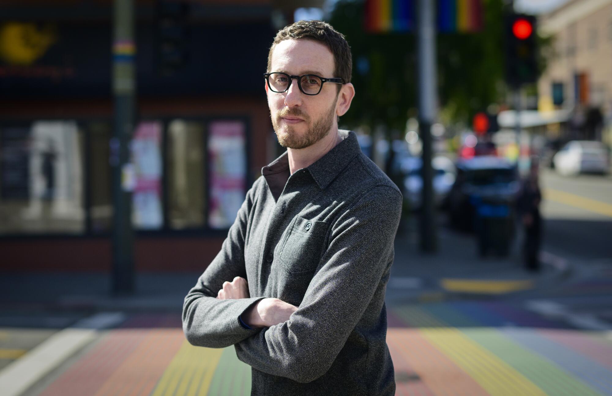 Sen. Scott Wiener poses in the Castro district of San Francisco.