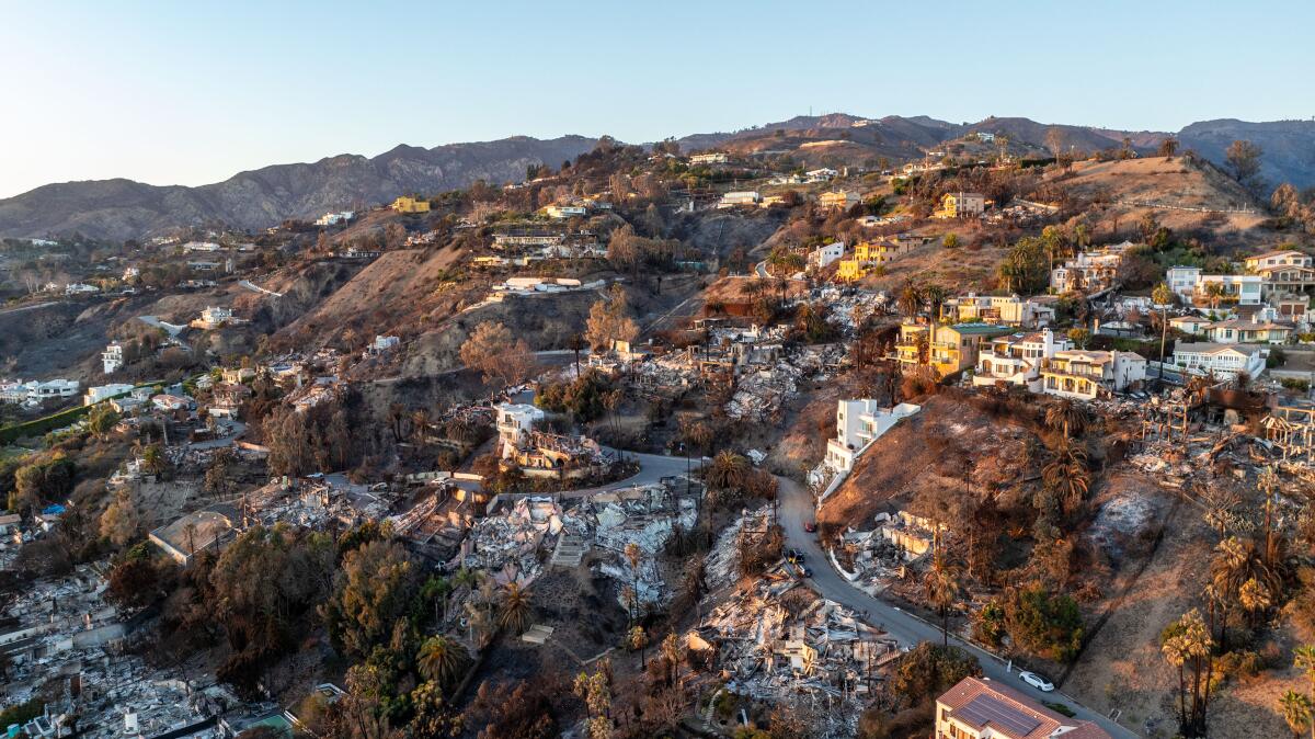 A drone image of the aftermath of the Palisades fire in Malibu