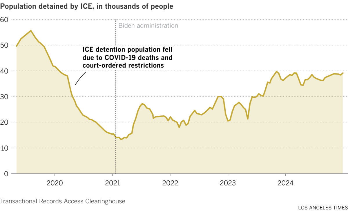 Line chart showing the total population detained by ICE between May 2019 and December 2024. The total fell from a high of around 56,000 to a low of about 13,000 in Feb. 2021 due to COVID-19 deaths and court-ordered restrictions, but climbed back up to around 38,000 in December 2024. 