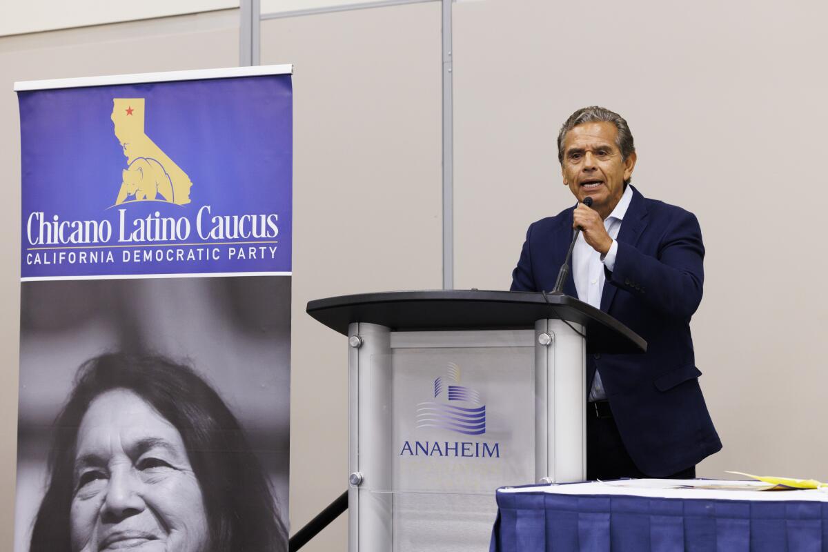 Antonio Villaraigosa speaks to the Latino Caucus at the California Democratic convention at the Anaheim Convention Center.
