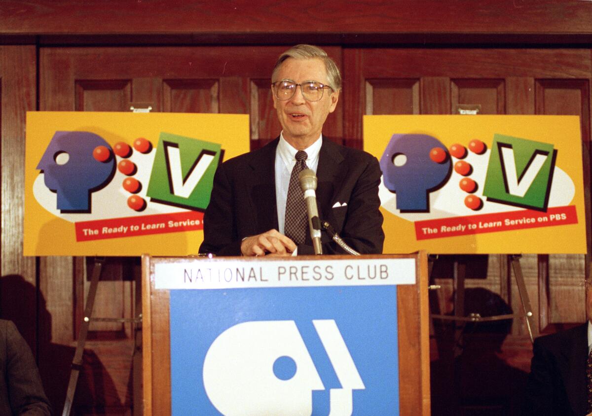 Fred Rogers, also known as Mr. Rogers, addresses reporters at the National Press Club in Washington, D.C.