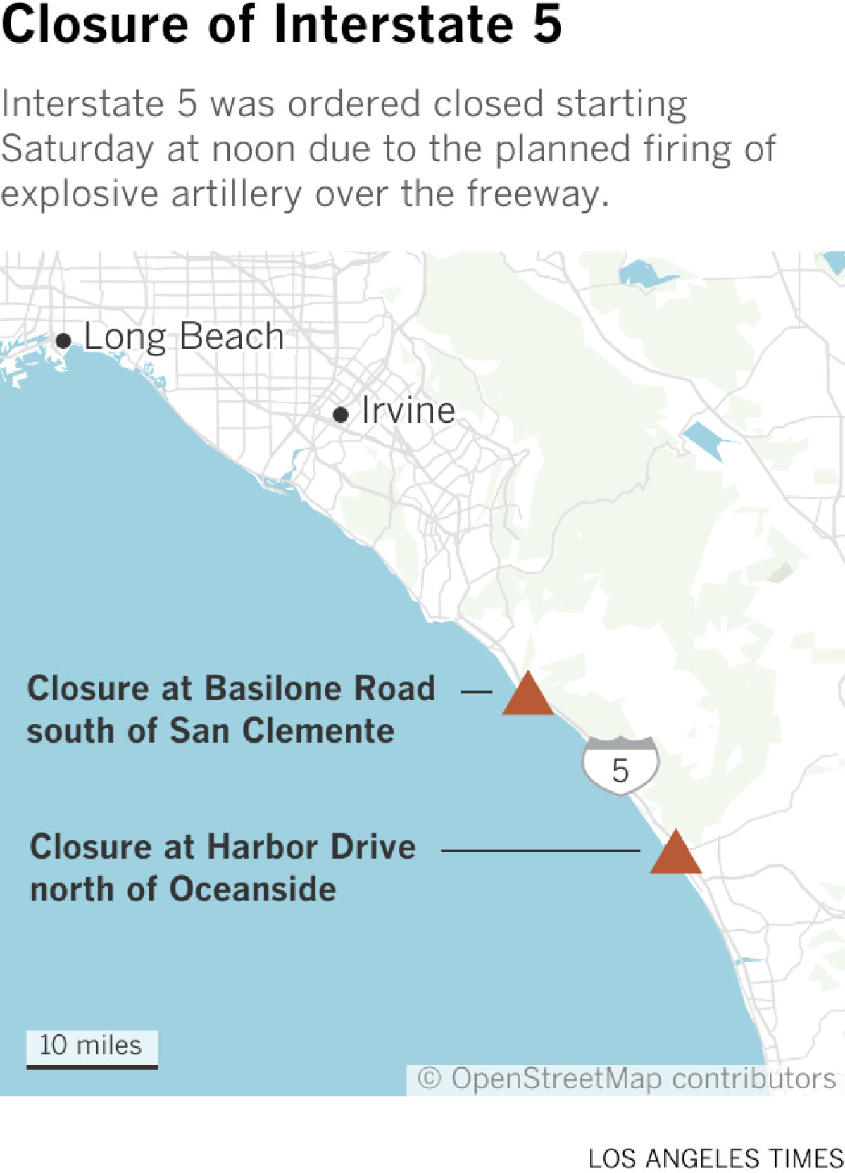 Map shows locations of two closures on I-5: At Basilone Road south of San Clemente and at Harbor Drive north of Oceanside.