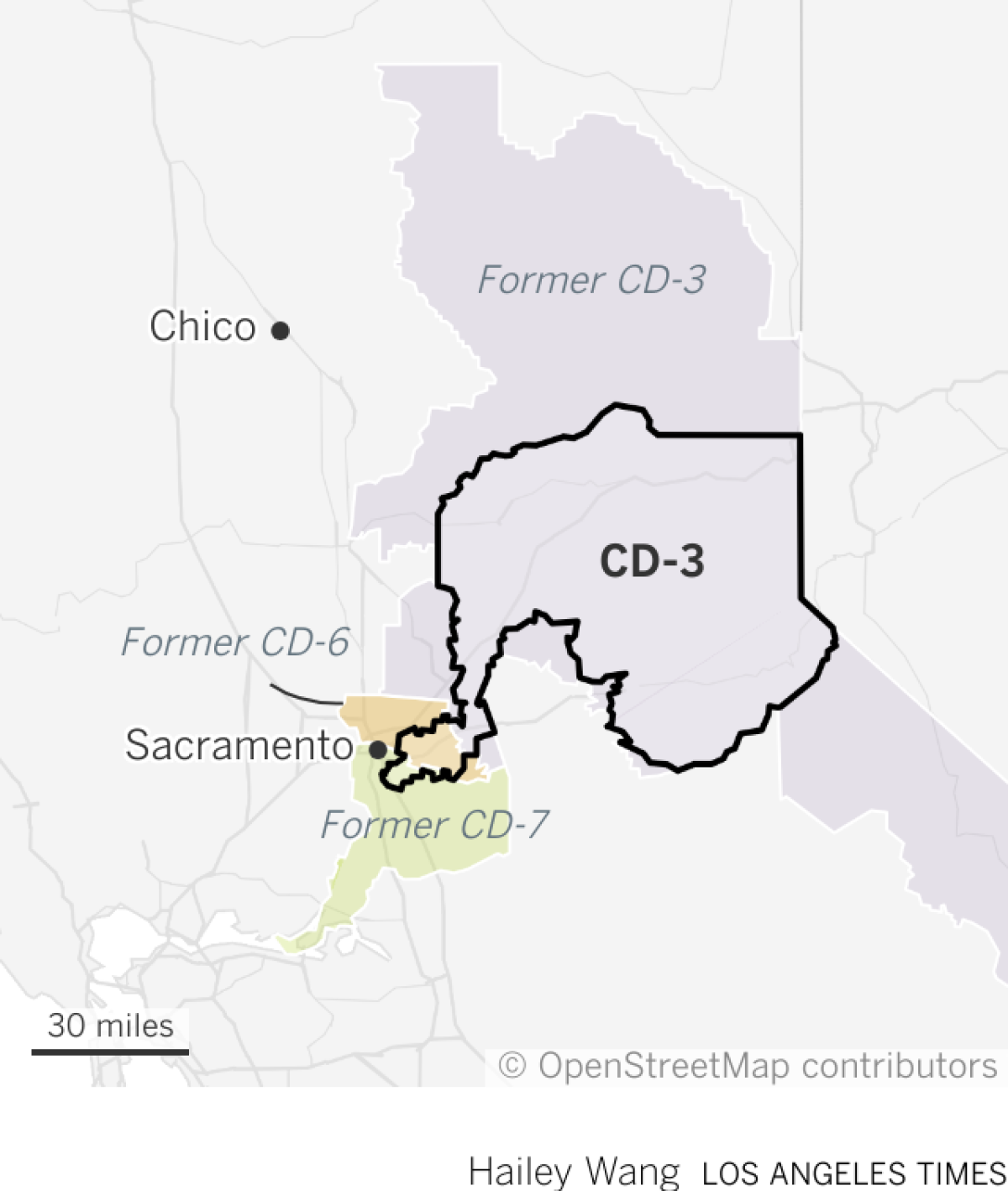 Map shows the new third congressional district boundary near Sacramento. The new is composed of parts of the former third, sixth and seventh districts.