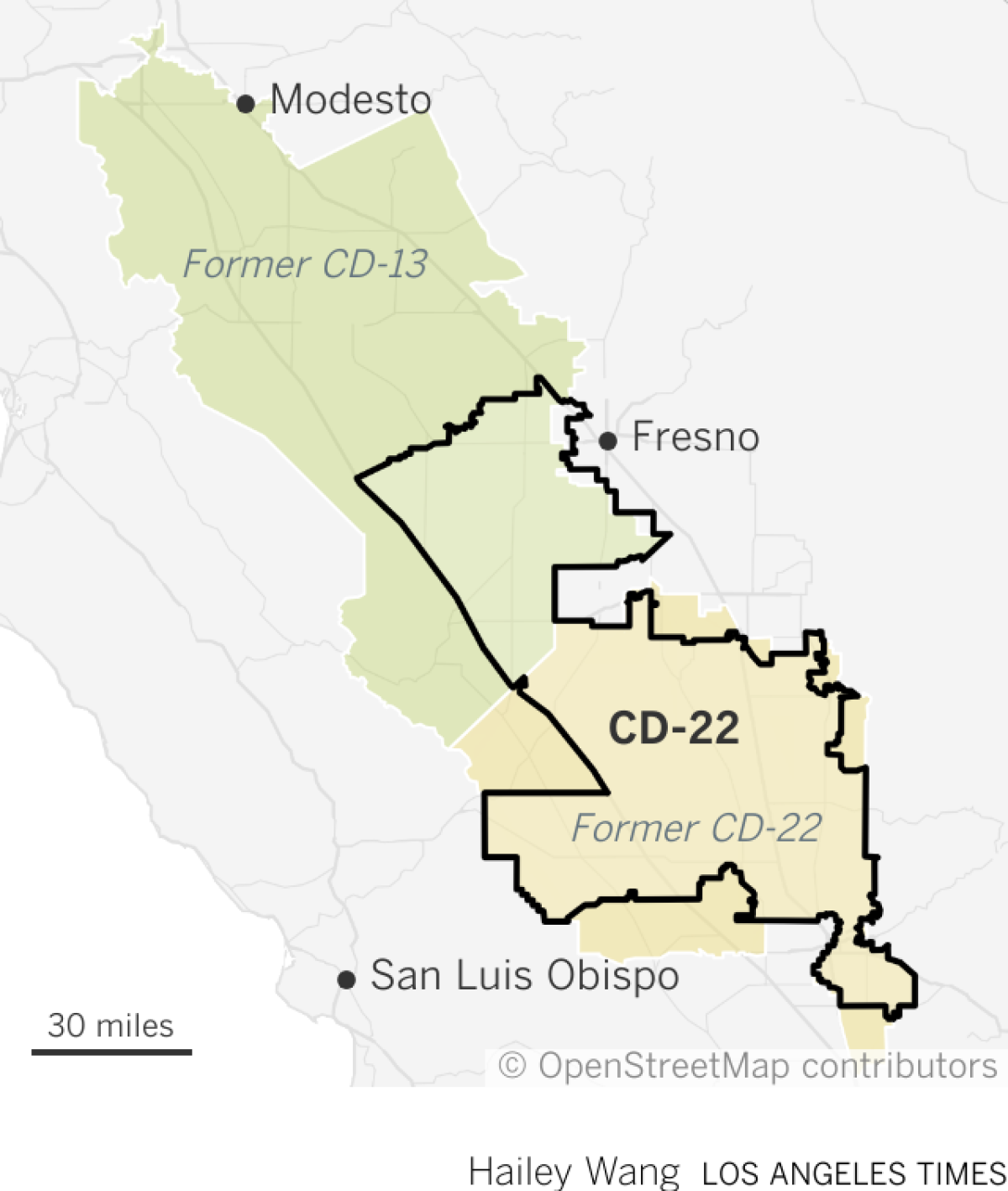 Map shows the boundary of the new 22nd congressional district, which is located near Fresno. The new district is composed of some of the former 13th and 22nd congressional districts.