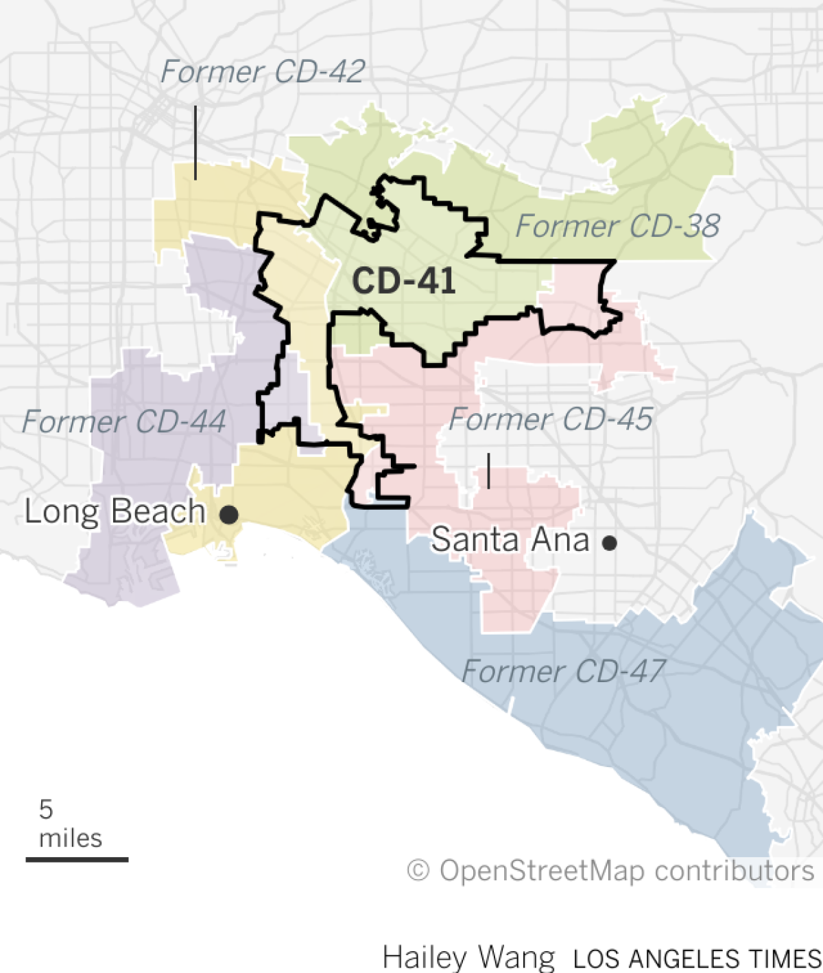 Map shows the boundary of the new 41st congressional district, which cities such as Downey, Lakewood, Whittier and La Habra. The new boundary is composed of areas from the former 38th, 42nd, 44th, 45th and 47th congressional districts. 