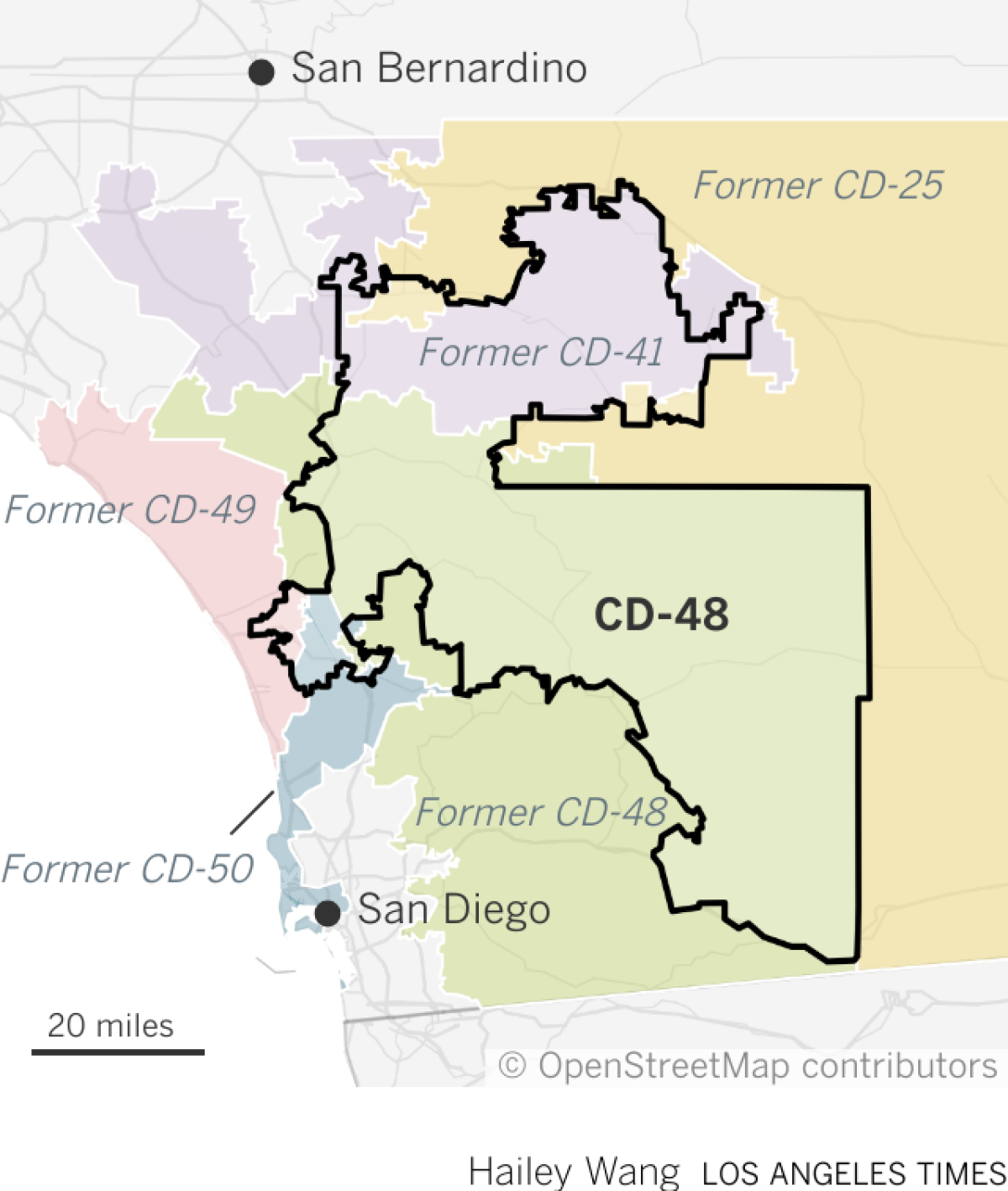 Map shows the boundary of the new 48th congressional district, located between San Bernardino and San Diego. The new district is composed of areas from the former 48th, 25th, 41st, 49th and 50th congressional districts.